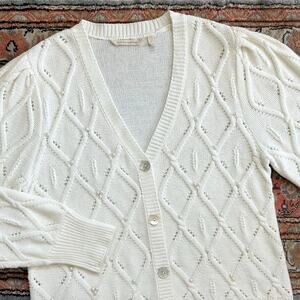 Soft Surroundings Cable Knit Beaded Pearl V-Neck Sweater Cardigan